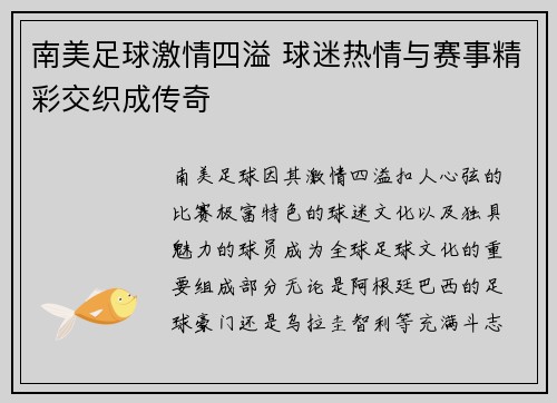 南美足球激情四溢 球迷热情与赛事精彩交织成传奇