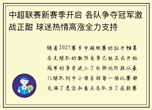 中超联赛新赛季开启 各队争夺冠军激战正酣 球迷热情高涨全力支持