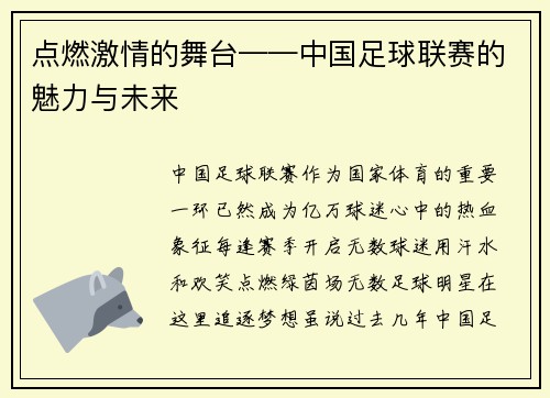 点燃激情的舞台——中国足球联赛的魅力与未来